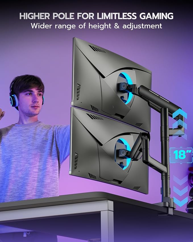 Vertical Dual Monitor Mount for 17-49 Inch Ultrawide Heavy Duty Curved Screen Stacking, Computer Monitor Arm Desk Mount, Gas Spring Adjustable Vesa Stand, Black
