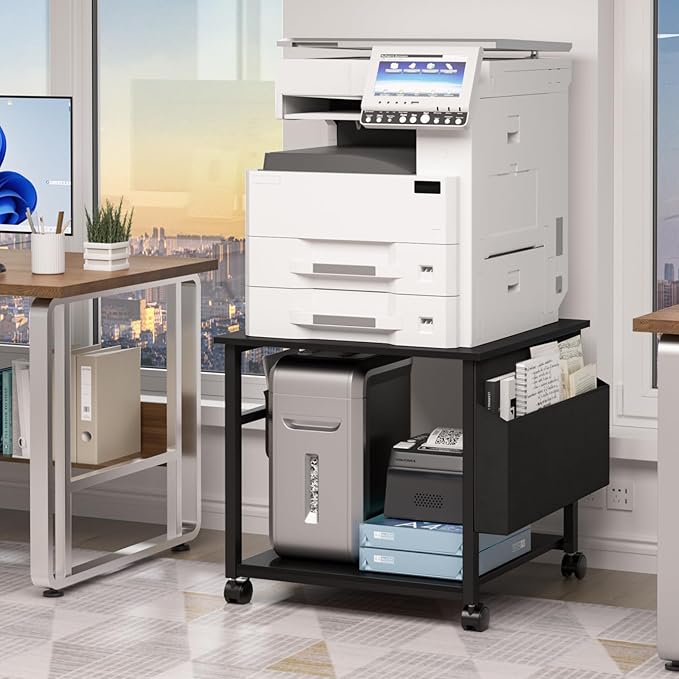 Lerliuo Large Printer Stand with Storage Shelf, 23.6 x 23.6 x 22.8 Industrial Printer Table for Home Office, Rolling Printer Cart Holder with Lockable Wheels, Mobile Mini Fridge Stand Table (Black)