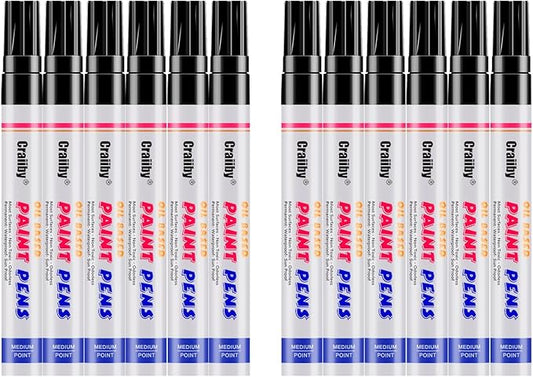 Black Paint Markers, 12 Pack Oil-Based Waterproof Quick Dry Permanent Paint Pen Set for Rocks Painting, Wood, Fabric, Plastic, Canvas, Glass, Mugs, Metal, Tire, Stone, DIY Craft