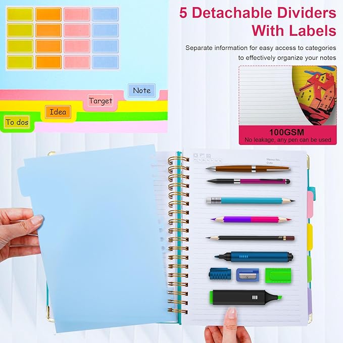 Hardcover Spiral Notebook 8"x10" Journal Notebook with Tabs and Removable Dividers 300 Pages 5 Subject Notebook College Ruled, Faux Leather Spiral Bound Notebook for Women, Students, School Work (Rose Red)