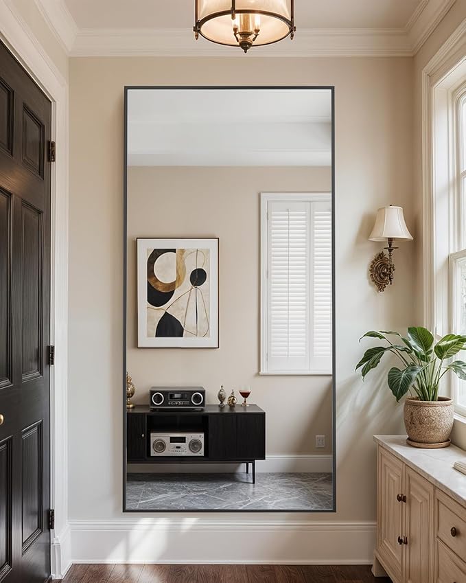 Full Length Mirror, 71"x26" Oversized Floor Mirror Freestanding, Full Body Mirror Floor Standing Mirrors with Stand, Hanging Mounted Mirrors for Bedroom Living Room, Black, Rect Style