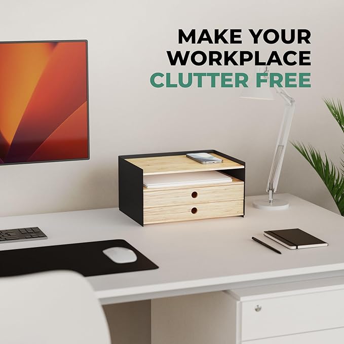 Prosumer's Choice 3-Tier Bamboo Desk Organizer with 2 Drawers - Wood Paper Tray for Clean Desktop Setup - Compact Office Storage Solution - Stylish Desktop Organizer, 12.5" L x 8.8" W x 1.6" H
