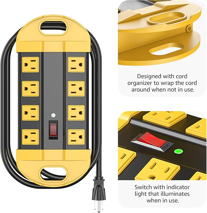 CCCEI Heavy Duty Power Strip Surge Protector, Metal 8 Outlets Power Strip for Appliance. Garage Shop Industrial Workbench 15 AMP Outlets Strip. 15FT Extension Cord. Set