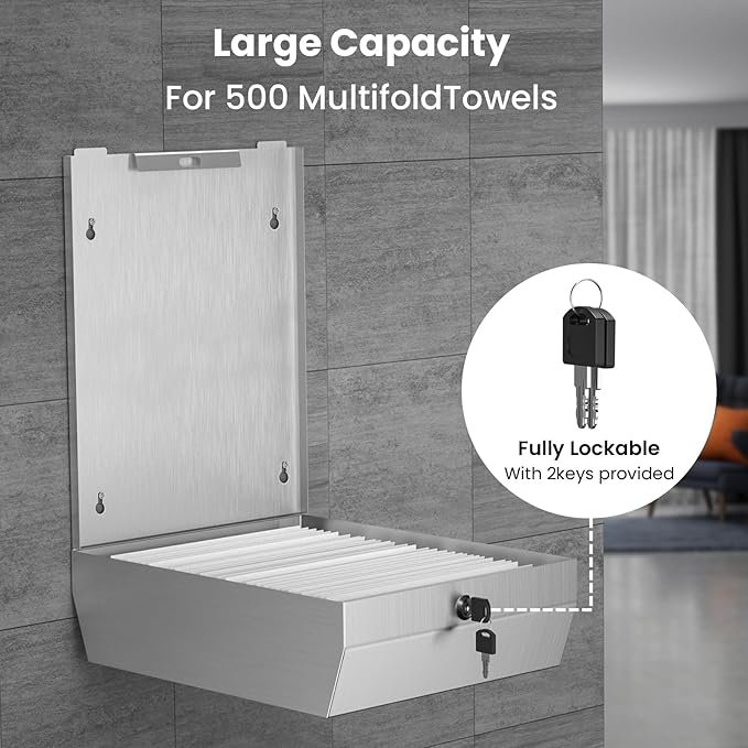 Paper Towel Dispenser Wall Mount Commercial, Stainless Steel Hand Towel Dispenser with Lock, c-fold/Multi-fold/Tri-fold Large Capacity Tissue Holder
