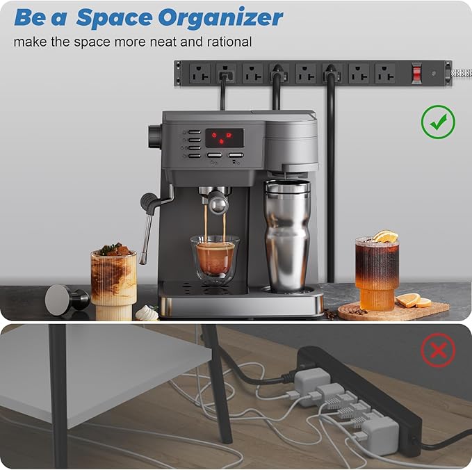 HEZI 20 Amp Power Strip Surge Protector 1200J, Metal 8 Outlets Heavy Duty 20amp, 15Ft 12 Gauge Extension Cord for Appliance Workbench Garage Industrial, Combine with T-Plug Adapter,5-20R T-Slot