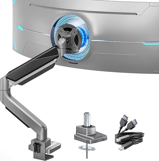 ARES WING Single Monitor Arm, Heavy Duty Adjustable Monitor Arm for 13"-45" Screens with USB, Gas Spring Desk Mount Stand with C Clamp/Grommet Mounting Base up to 40lbs Computer, Gray
