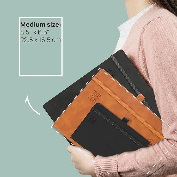 POPRUN Planner 2025-2026 Weekly Notebook (Medium 6.5''x 8.5'') Academic Calendar (JUL.25 - JUN.26) Appointment Book with Monthly Tabs, Leather Soft Cover, Inner Pocket, 100 GSM - Pink