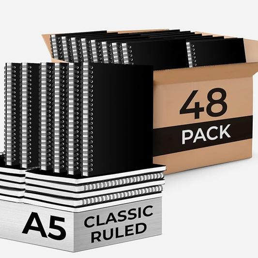 48 Pack Spiral Notebook, 5.8 x 8.3, 120 Pages (60 Sheets),100 GSM Paper Ruled Notebooks, Water Resistant Black Cover, Bulk A5 Journal for Women & Men, Daily Wrting Small Book, School, Office