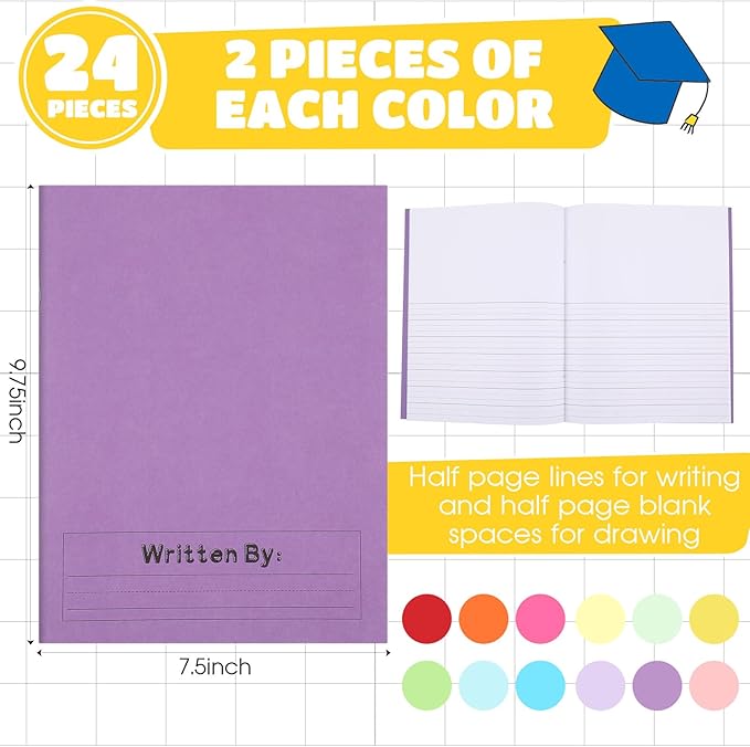 Henoyso 24 Pcs Primary Composition Notebook K-2 9 3/4 x 7 1/2 Inch Primary Journal, Back to School Supplies, Bulk Blank Writing Book for Kid to Write Draw Journal 60 Page Notebooks (Multicolored)