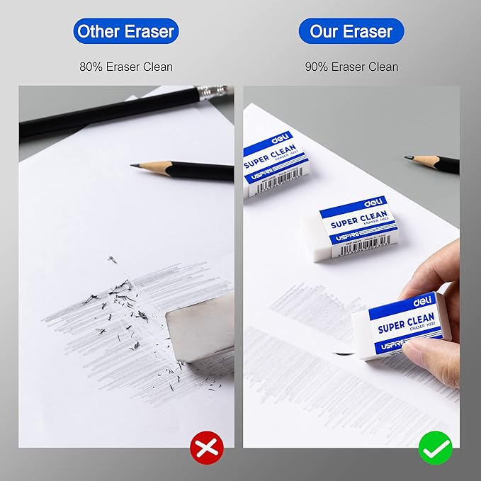 Deli Pencil Erasers, Pencil Eraser, 10 Pack, White Erasers, Erasers for Drawing, Kids, Artist, White, Large