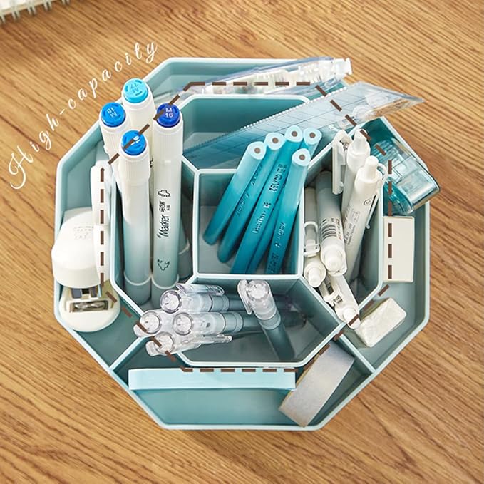 Rotating Art Supply Storage Organizer,Pencil Holder with 9 Compartment, Pen Storage Organizer, for Kids Art Desk, Homeschool Supplies, Home Office Desktop Organizer(Blue)