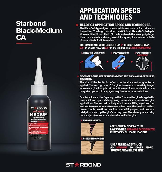 Starbond Black Medium CA Glue, Premium Cyanoacrylate Super Glue, Crack Filler 150 CPS Viscosity, for Woodworking, Woodturning, Carpentry, Guitar, RC, Hobby, 2oz