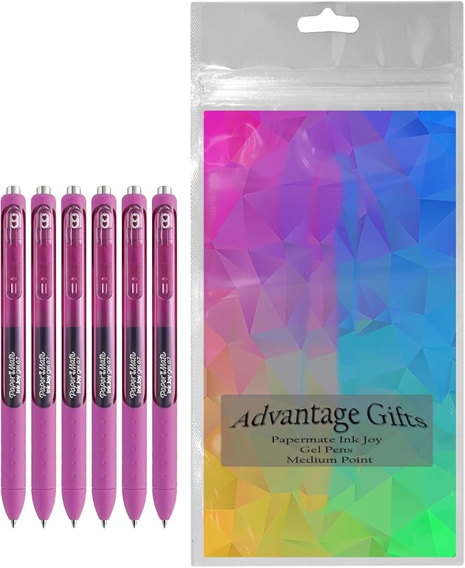 Paper Mate InkJoy Gel Pens, Berry Ink, Medium Point (0.7mm), 6 Count, Bundle with Plastic Reusable Pouch