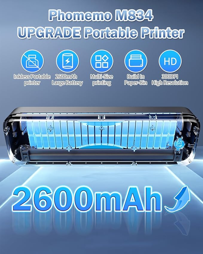 Phomemo M834 Portable Printer Wireless for Travel Upgraded, Bluetooth Thermal Printer 8.5" x 11"&A4, Compatible with iOS,Android & PC,Inkless Mobile Printers for Travel,Office,School,Home,Black