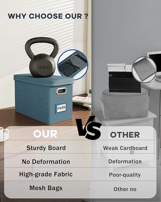 Oterri File Organizer Box with Lid, Hanging Filing File Box with Mesh Pocket, Document Organizer Box for Letter Files, Portable Storage Box with Smooth Sliding Rail for Office&Home (1 PCS, Dark-blue)