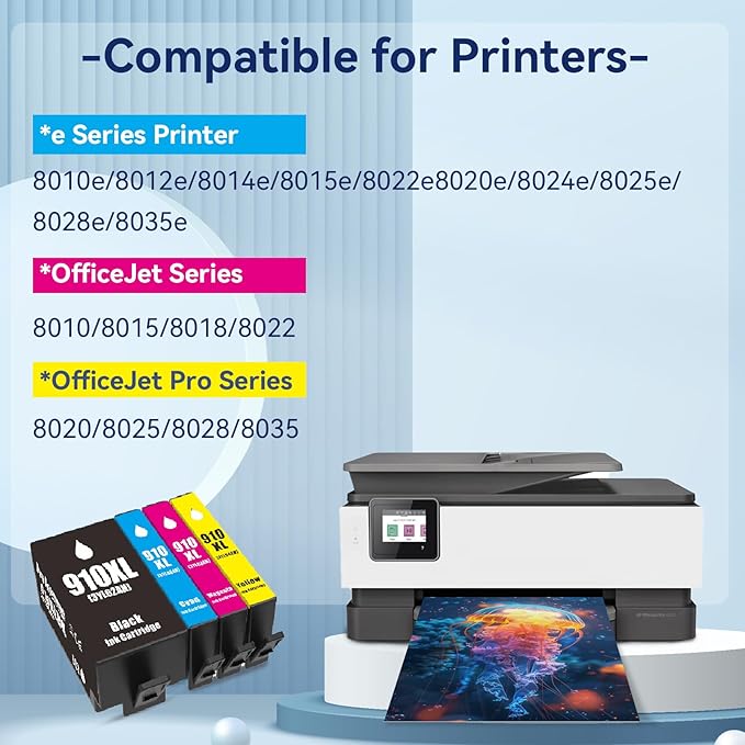 910XL Ink Cartridges Combo Pack Replacement for HP 4 Pack Black and Color 910XL Ink Cartridges HP910 HP910XL for Officejet Pro 8025e 8015e 8028e 8035e 8025 8035 8020 Printer (BK/C/M/Y)