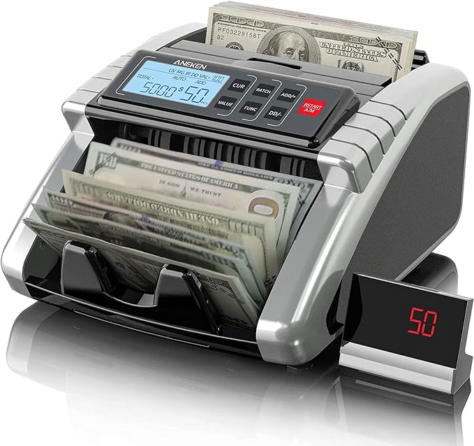 Aneken Money Counter Machine with Value Count, Dollar, Euro UV/MG/IR/DD/DBL/HLF/CHN Counterfeit Bill Detectors，Add and Batch Modes, Cash Counter with LCD Display