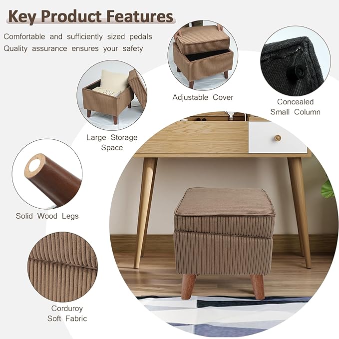 Storage Ottoman with Adjustable Lid, Soft Step Stool, Footrest and Seat, Ottoman Foot Rest for Living Room, Bedroom, Dorm, Brown