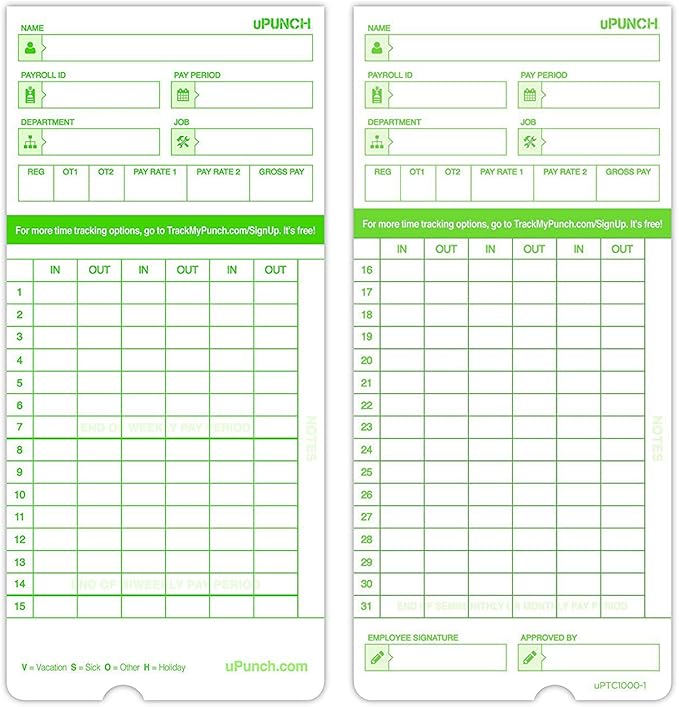uPunch 300 Time Cards for Green HN3000 AutoAlign Time Clocks (HNTCG1300)