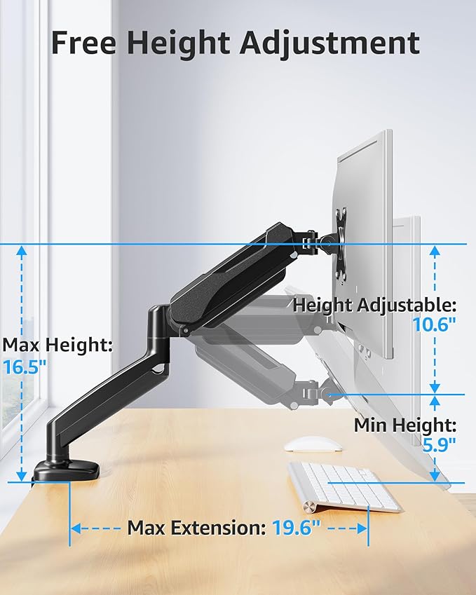 MOUNTUP Single Monitor Desk Mount, Adjustable Gas Spring Monitor Arm Support Max 32 Inch Screen, Computer Monitors Stand with Clamp/Grommet Mounting Base, VESA Mounts Fit 4.4-17.6lbs Computer, Black
