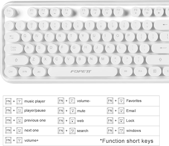 FOPETT Wireless Keyboard and Mouse Combo, 104 Keys Full-Sized 2.4 GHz Round Keycap Colorful Keyboards, USB Receiver Plug and Play, for Windows, Mac, PC, Laptop, Desktop (White)
