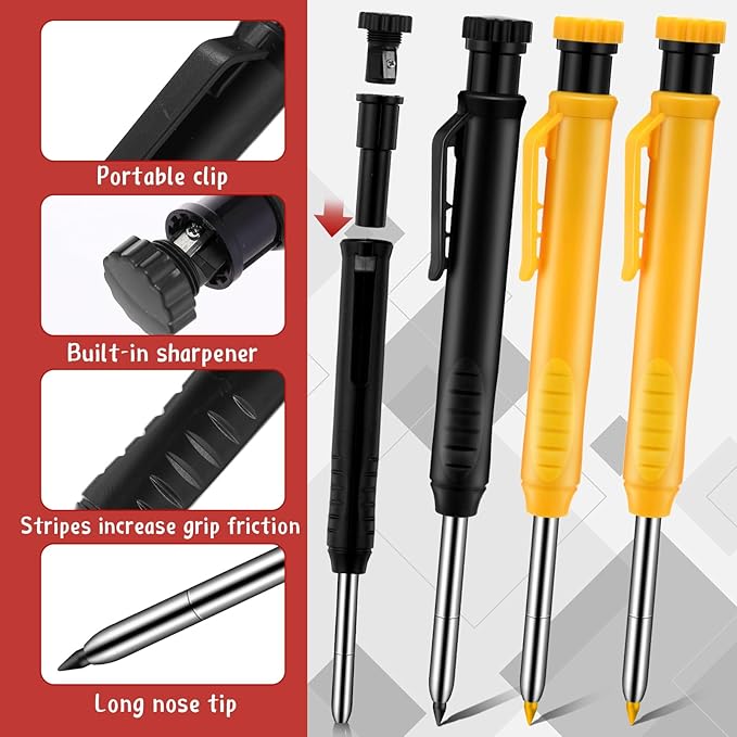 8 pack 2.8mm Mechanical Carpenter Pencils with 48 Refills, Construction Pencils with Built-in Sharpener, Long Nib Deep Hole Marker, Heavy Duty Woodworking Tools (Black+yellow)
