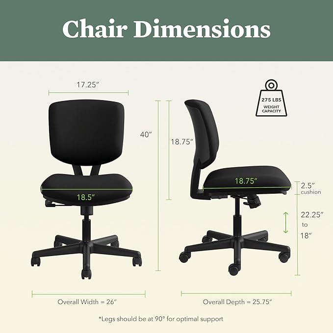 HON Volt Armless Chair, Ergonomic Adjustable Center-Tilt Recline, Fabric Back and Seat, Swivel Desk Chair, Black