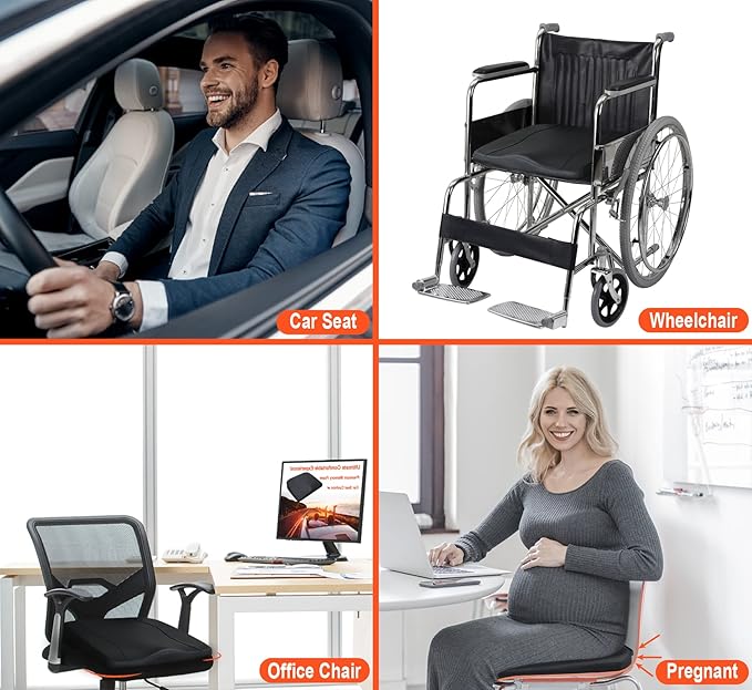 Car Seat Cushion, Comfort Memory Foam Car Cushions for Driving - Sciatica & Lower Back Pain Relief, Driver Seat Pillow for Auto, Office Chair, Wheelchair - Classic Black