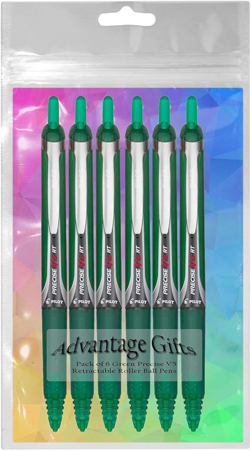 Precise V5 RT Retractable Rolling Ball Pens, Extra Fine Point (.5mm), Green Ink, 6-pk; Premium Comfort Grip, Bundle with Plastic Reusable Pouch