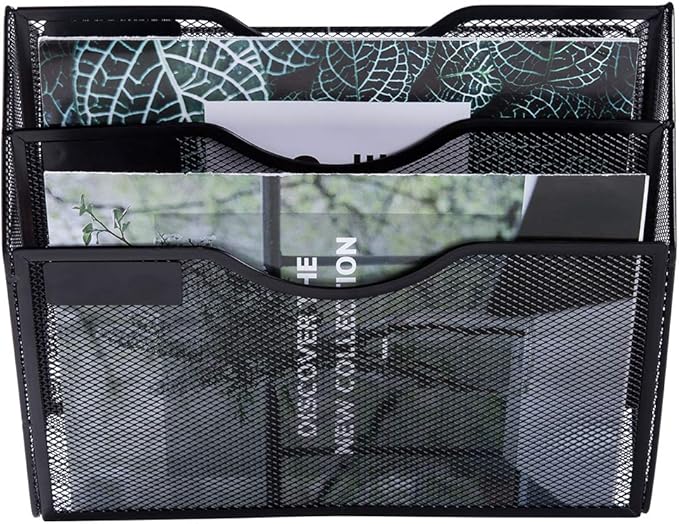 EASEPRES 3 Pocket Mesh Hanging Wall File Organizer, Wall Mounted Mail Paper Document Folder Holder, Clipboard Storage Organization Magazine Rack with Nametag Label for Office Home School, Black