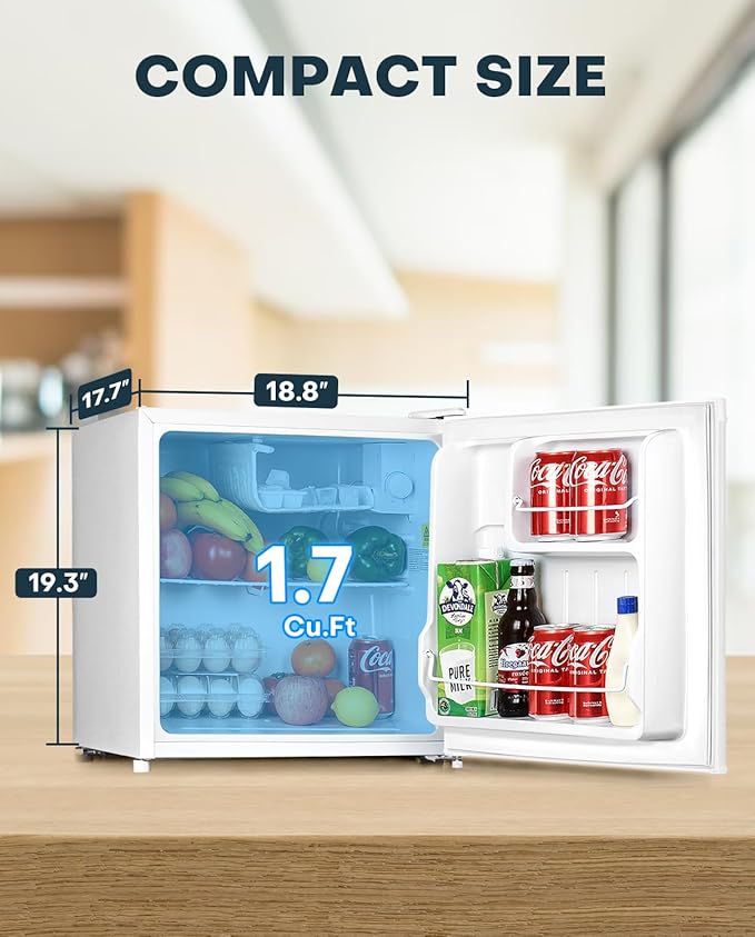 Upstreman 1.7 Cu.ft Mini Fridge with Freezer, Dorm Essentials, Adjustable Thermostat, Energy Saving, Low Noise, Single Door Compact Refrigerator for Dorm, Office, Bedroom, White-FR17
