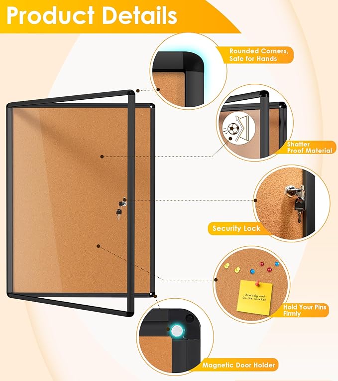 SWANCROWN Enclose Bulletin Board Case School Cork Noticeboards Cabinet with Locking Door and Keys,38x28 inch (9xA4)