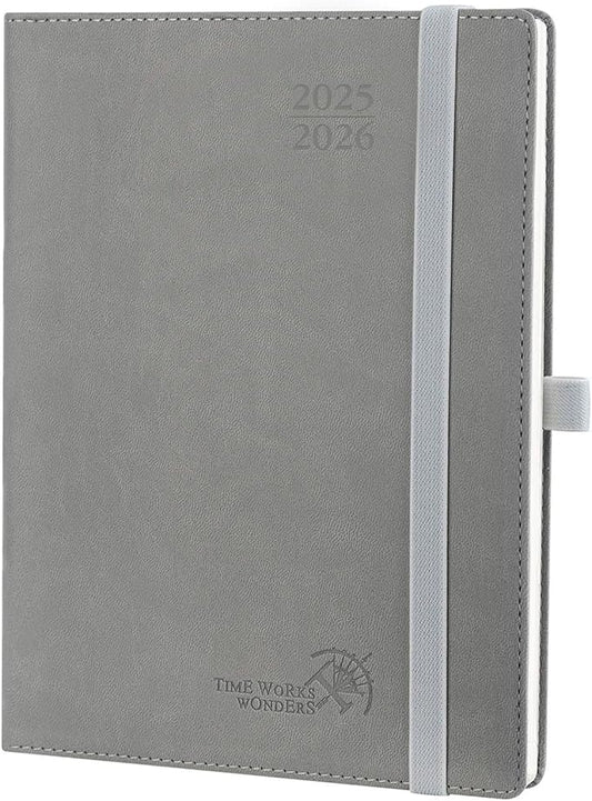 POPRUN Planner 2025-2026 (Medium - 6.5'' x 8.5'') Academic Weekly Calendar (July 2025 - June 2026) with Hourly Time Slots, Monthly Tabs, 100GSM Thick Papers, Leather Soft Cover - Grey