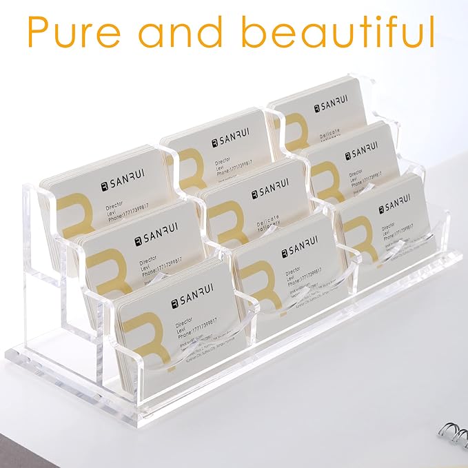 SANRUI Clear Horizontal Business Card Holder Stand for Desk, Acrylic Desktop Display Name Cards Holders Organizer Storage Rack,for Exhibition, Home , Office ,3 Tier 9 Pocket , 540 Card Capacity