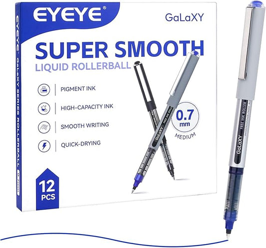 EYEYE Blue Rollerball Pens 12 Pack 0.7mm Medium Point Fine Tip Smooth Writing Pens Quick Dry Liquid Ink Pens for Journaling Note Taking Office School Supplies