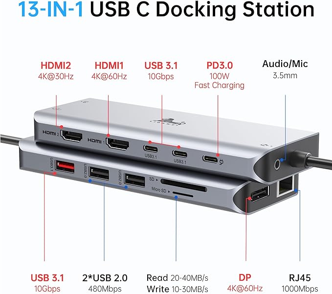 LIONWEI 13 in 1 Laptop Docking Station 2 HDMI+DisplayPort+10Gbps, 6 USB C/A, 100W PD, Ethernet, SD/TF, Audio, USB C Hub for MacBook Pro/Air/Dell/HP/Lenovo/Thinkpad
