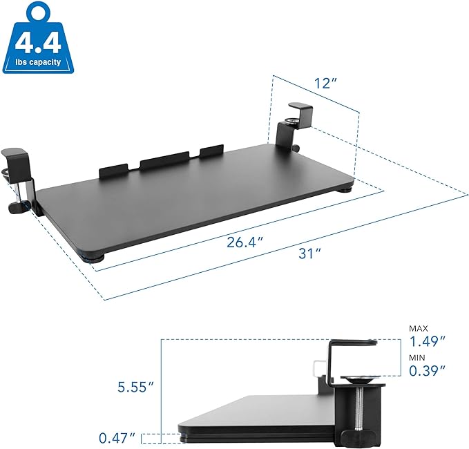 Mount-It! Under-Desk Keyboard Tray, Slide-Out Clamp-On Keyboard and Mouse Drawer, 26.4" W x 11.8" D Ergonomic Retractable Platform for Typing, No-Drill Installation, Black