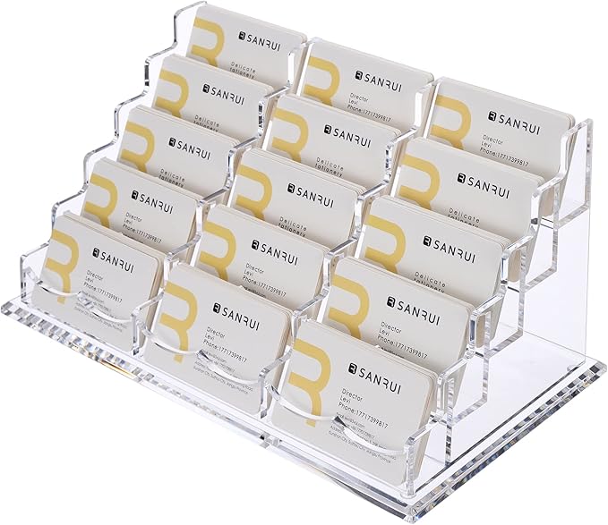 SANRUI Acrylic Multiple Business Card Holder Display for Desk , 15 Slots Business Card Stand , Clear Horizontal 5 Tier Business Card Holders, Holds 750-900 Cards