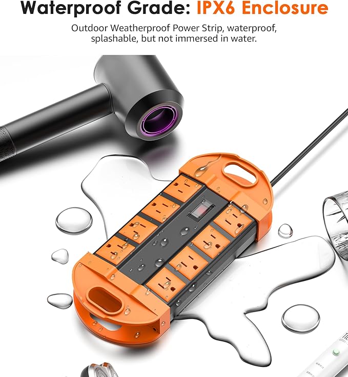 CCCEI Outdoor Power Strip Weatherproof with 8 Plug, Waterproof Extension Cord with Multiple Outlets, Christmas Exterior Garden Yard Surge Protector 6FT, Orange.