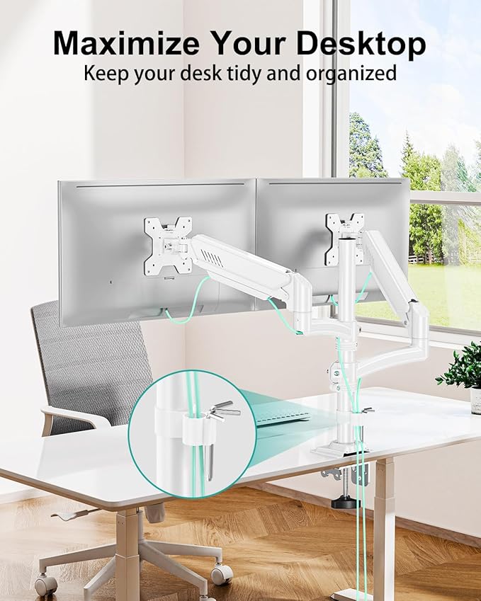 Dual Monitor Stand for Desk, Taller Monitor Arms for 2 Screens up to 32 inch, Ergonomic Adjustable Gas Spring Double Computer Monitor Mount, Holds 4.4-22lbs, VESA 75/100mm, White, Freelift