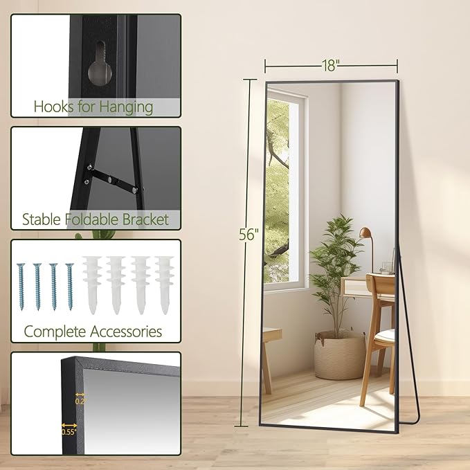 MELOMOIR 56"x18" Full Length Mirror, Floor Mirror Freestanding Hanging or Leaning, Full Body Mirror for Bedroom Living Room Entryway Gym, Aluminum Alloy Frame, Black