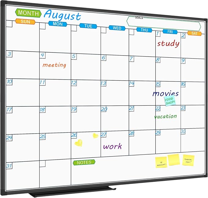 JILoffice Magnetic Dry Erase Calendar Whiteboard, 1 Month White Board Calendar Planner 48 X 36 Inch, Black Aluminum Frame Wall Mounted Board for Office Home and School