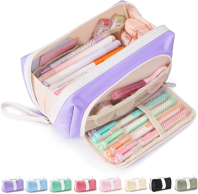 Sooez Big Capacity Pencil Case, Extra Large Pencil Pouch with Zipper Pocket, Wide Opening Pencil Bag, Portable Stationery Organizer, Cute Aesthetic School Office Supplies for Teens Girls, Purple