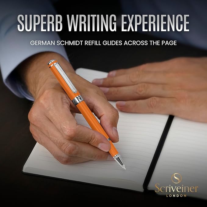 Scriveiner Orange Rollerball Pen - Stunning Luxury Pen With Chrome Finish, Schmidt Ink Refill, Best Roller Ball Gift Set for Men & Women, Professional, Executive Office, Nice Pens
