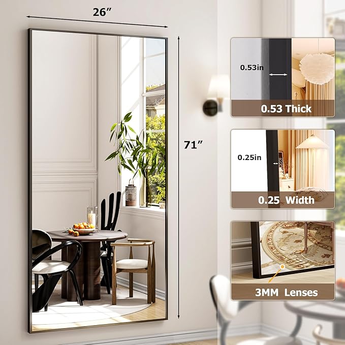 26"x71" Full Length Mirror, Adjustable Standing/Wall Mounted Floor Mirror for Bedroom, Living Room, Entryway, Large Black Leaning Mirror with Shatterproof Glass
