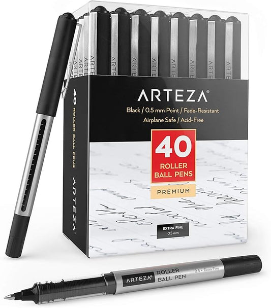 ARTEZA Rollerball Pens, Pack of 40, 0.5mm Black Liquid Ink Pens for Bullet Journaling, Fine Point Rollerball, Office Supplies for Writing, Taking Notes & Sketching
