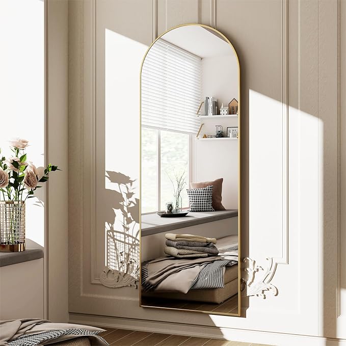 HARRITPURE 58"x18" Arched Full Length Mirror Free Standing Leaning Mirror Hanging Mounted Mirror Aluminum Frame Modern Simple Home Decor for Living Room Bedroom Cloakroom, Gold