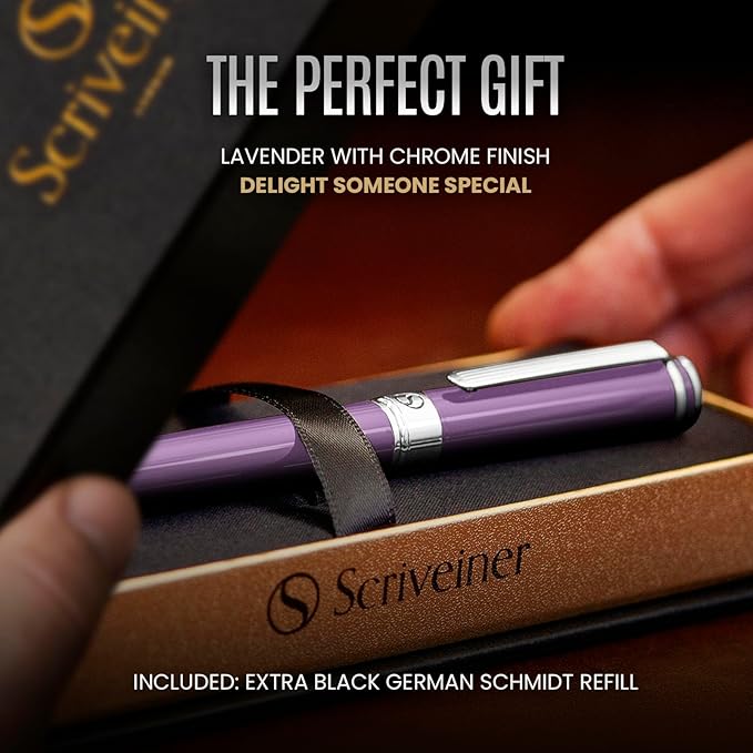 Scriveiner Lavender Rollerball Pen - Stunning Luxury Pen With Chrome Finish, Schmidt Ink Refill, Best Roller Ball Gift Set for Men & Women, Professional, Executive Office, Nice Pens