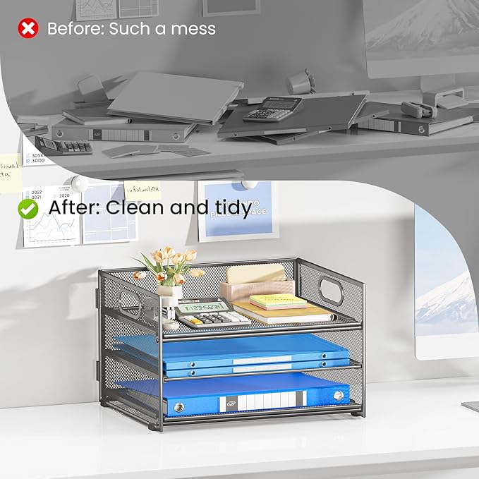 Subekyu 3 Tier Paper Letter Tray Organizer for Desk, Gray Metal Mesh Desk File Folder Sorter Organizer with Handle and Sliding Tray for Home, Office, School Supplies Organization Storage