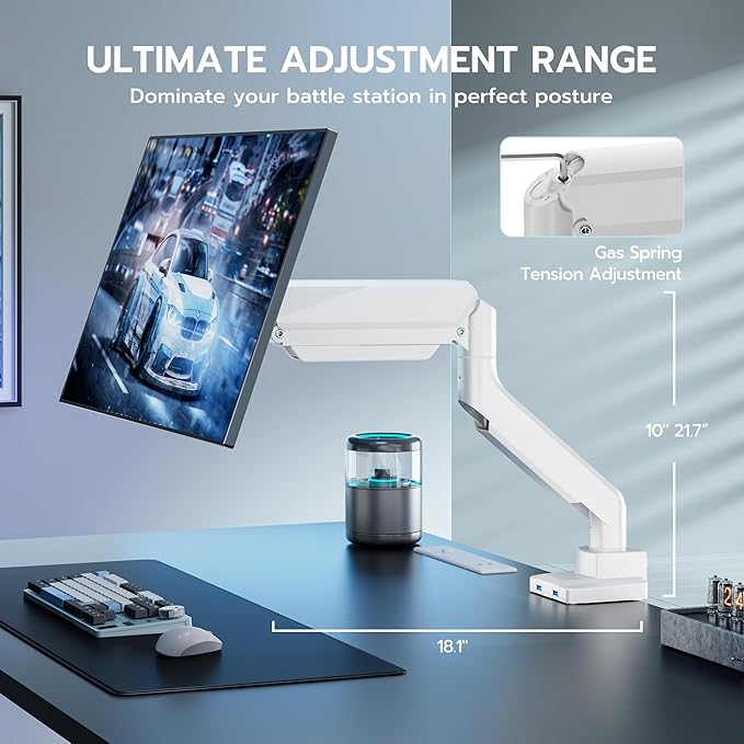 ARES WING Single Monitor Arm, Heavy Duty Adjustable Monitor Arm for 13"-45" Screens with USB, Gas Spring Desk Mount Stand with C Clamp/Grommet Mounting Base up to 40lbs Computer, White